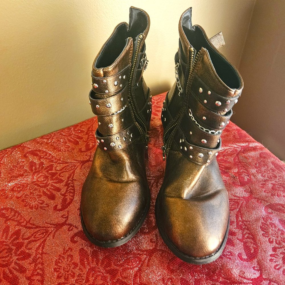 Bronze Metallic finish ankle boots with Chain and stud trim.